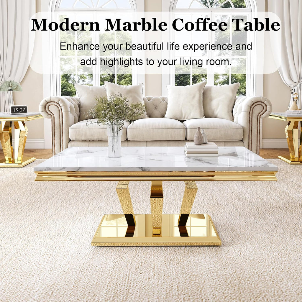 Modern Marble Coffee Table, 47' Living Room Table with Diamond-Shape Stainless Steel Base and Thickened Faux Marble Top for Living Room, Bedroom, Lounge (Gold,White)