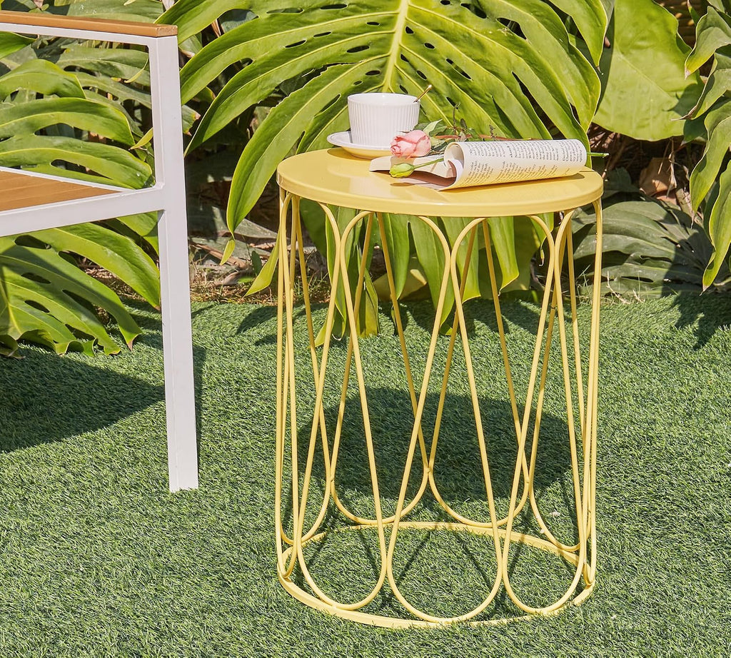 HFHOME Set of 3 Metal Outdoor Side Table, Nesting Round Coffee Table for Indoor Outdoor, Heavy Duty End Tables Plant Stand Living Room Garden Stool - Yellow