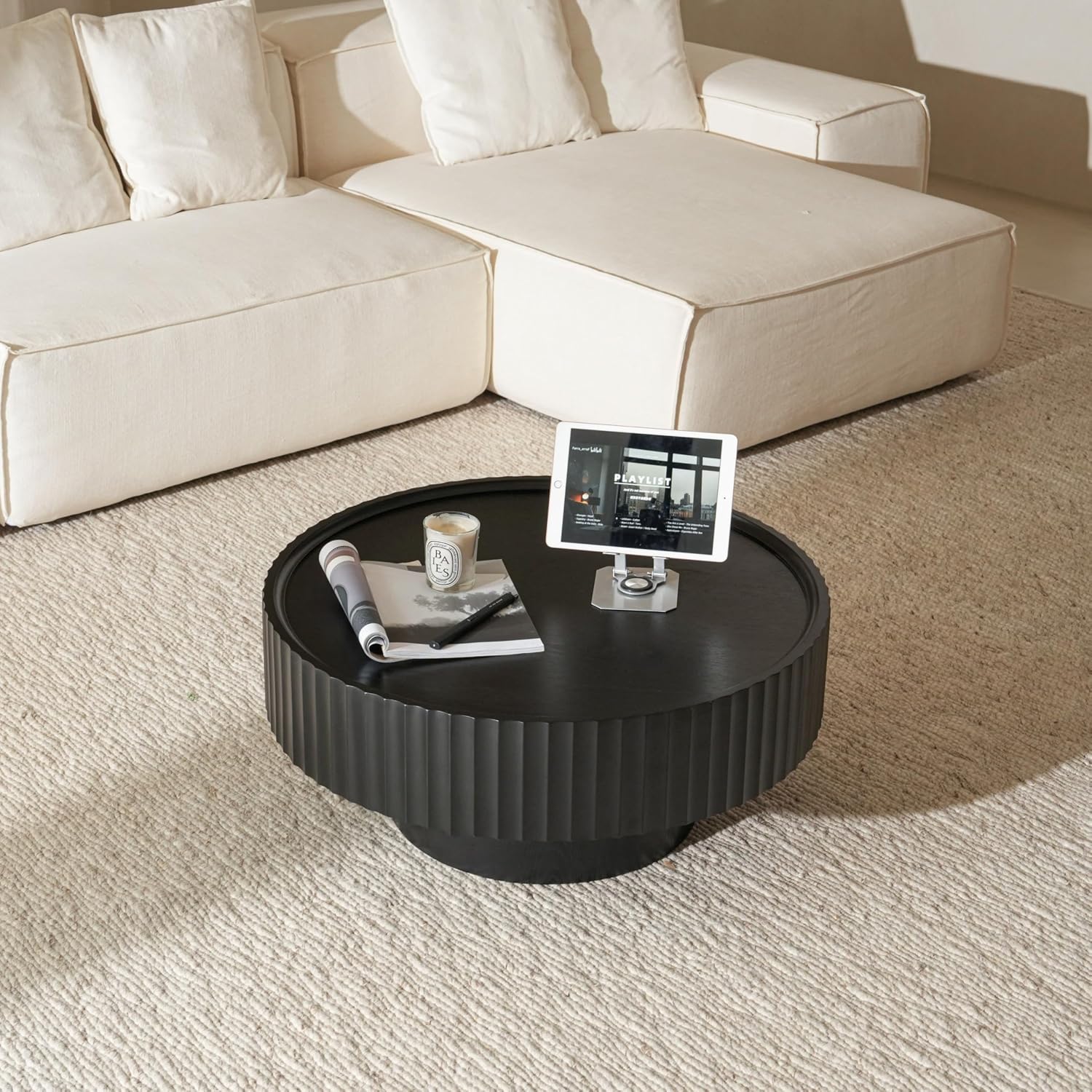 Round Coffee Table, 30.3in Modern Living Room Table, Fluted Drum Circle Tea Table with Storage, Accent Center Tables for Living Room, Apartment, Small Space (Black)