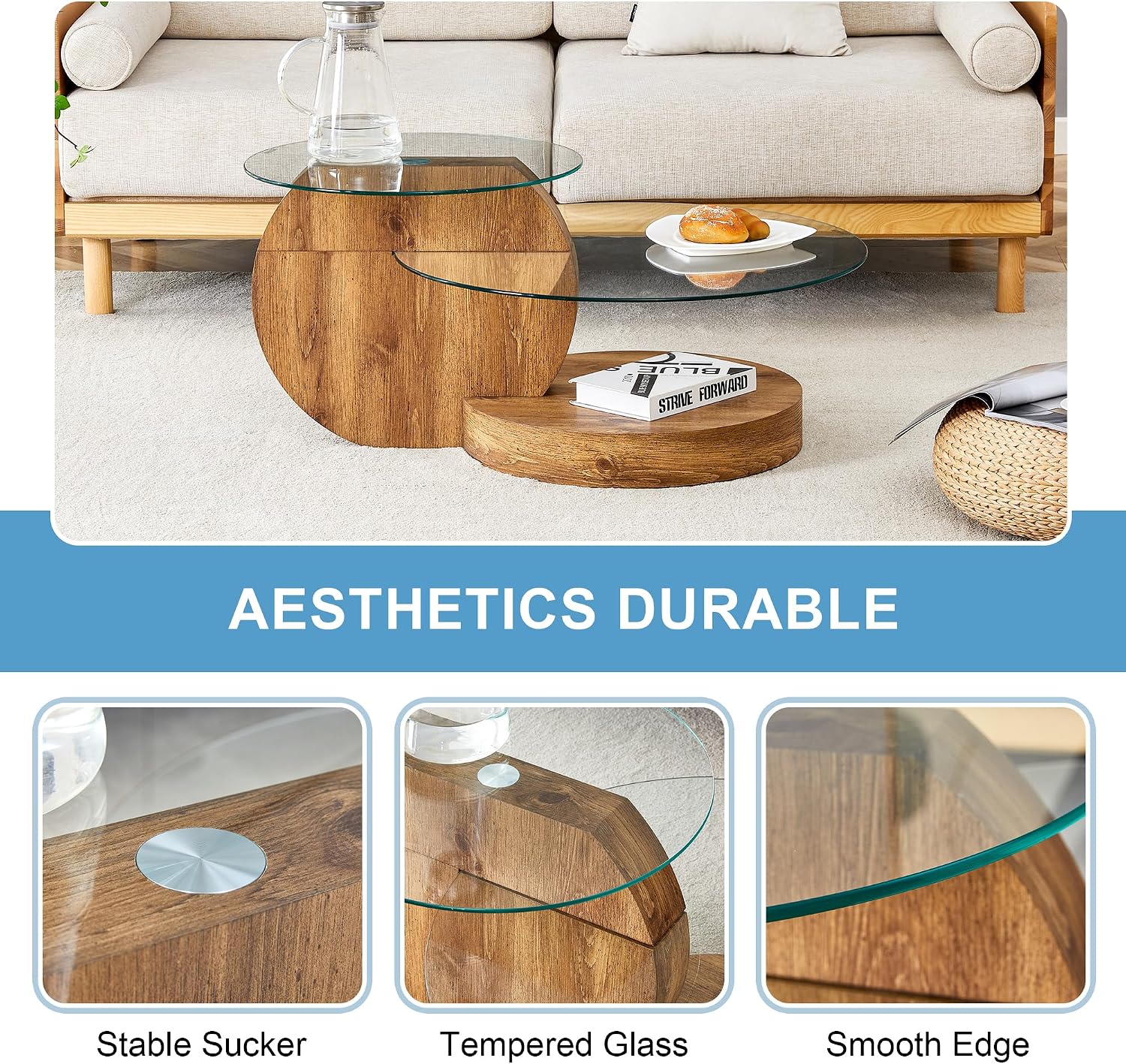 Glass Coffee Table 3 Tier Round Coffee Tables Tempered Clear Glass Top and Wood Table with Storage Modern Circle Coffee Table for Living Room (35.4' Wood)