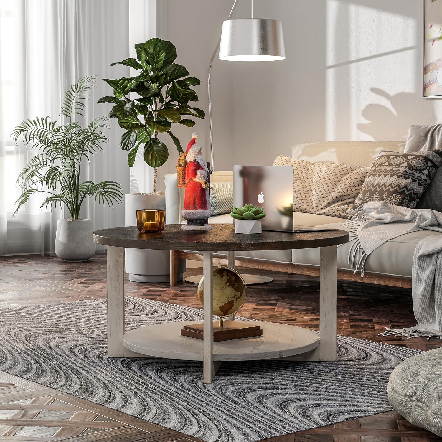 Round Wood Coffee Table with Distressed Finish Top, Two-Tone Living Room Table with Lower Storage Shelf, Farmhouse Center Table, Large Circle, Brown and White