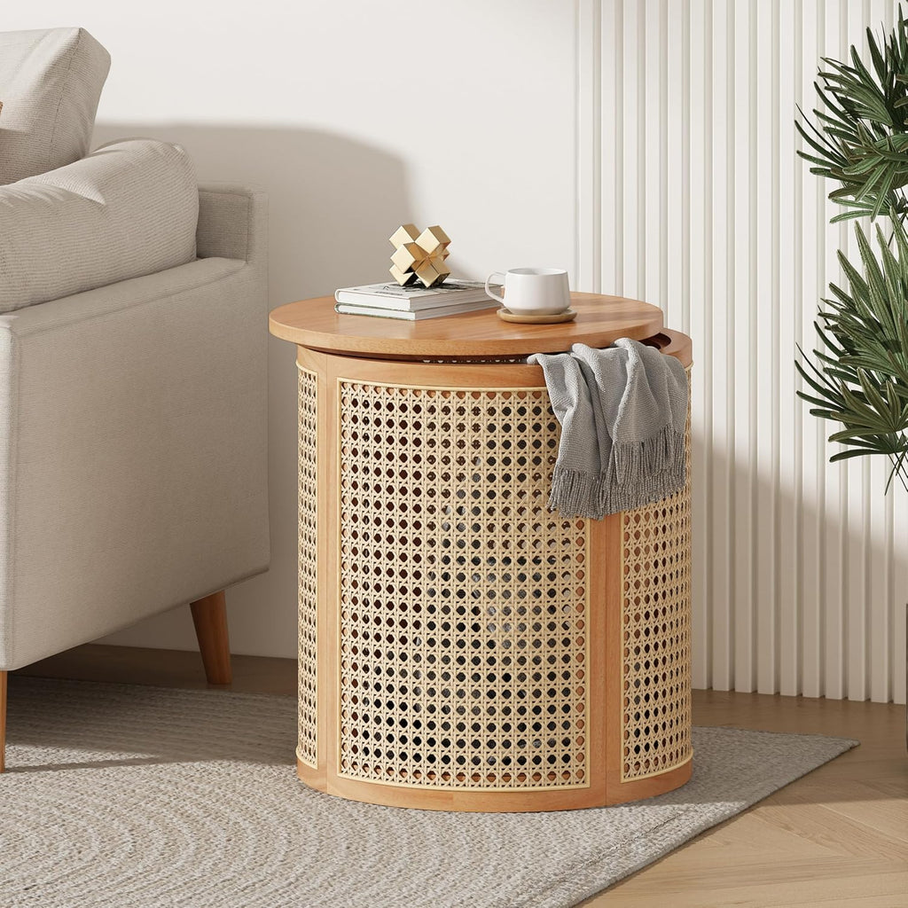 Christopher Knight Home Aurl 15.70' Round End Table, Hollow Woven Side Table, Small Rubber Wood Nightstand, Rattan Woven Tea Desk, Round Wood Tabletop, Chic Home Deor Desk, Easy Assembly, Natural