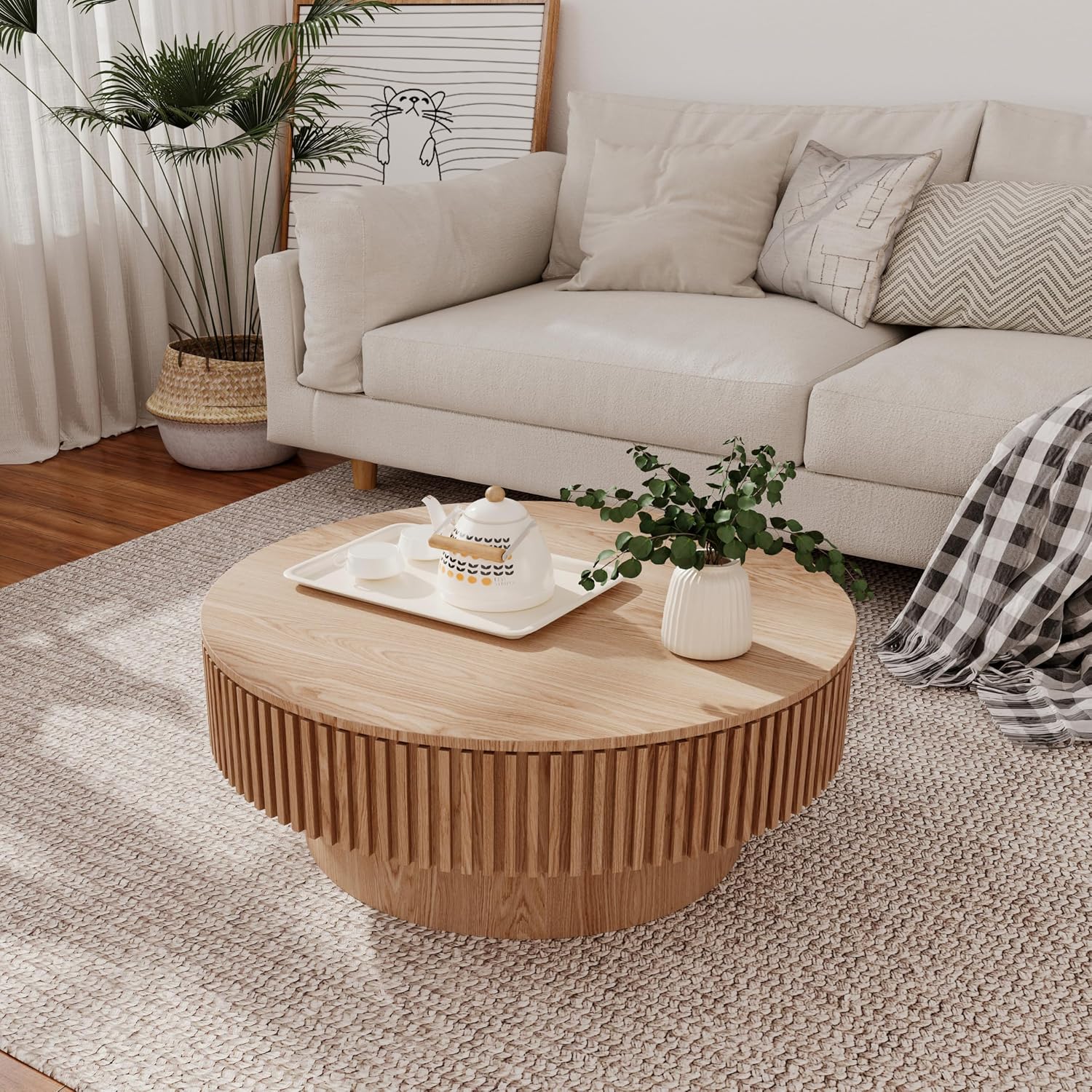 Oak Round Coffee Table with Storage for Living Room Wood Coffee Table Contemporary Circle Center Table for Apartment, Easy Assembly ø39.4
