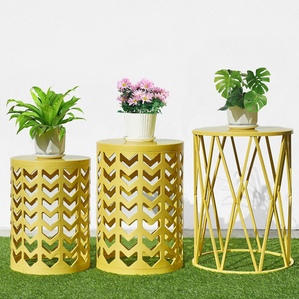 Nesting Side Table Set of 3 Decorative Round Garden Stools for Indoor Outdoor Heavy Duty Metal Frame Side Table Nightstands Modern End Table Plant Stand, Yellow