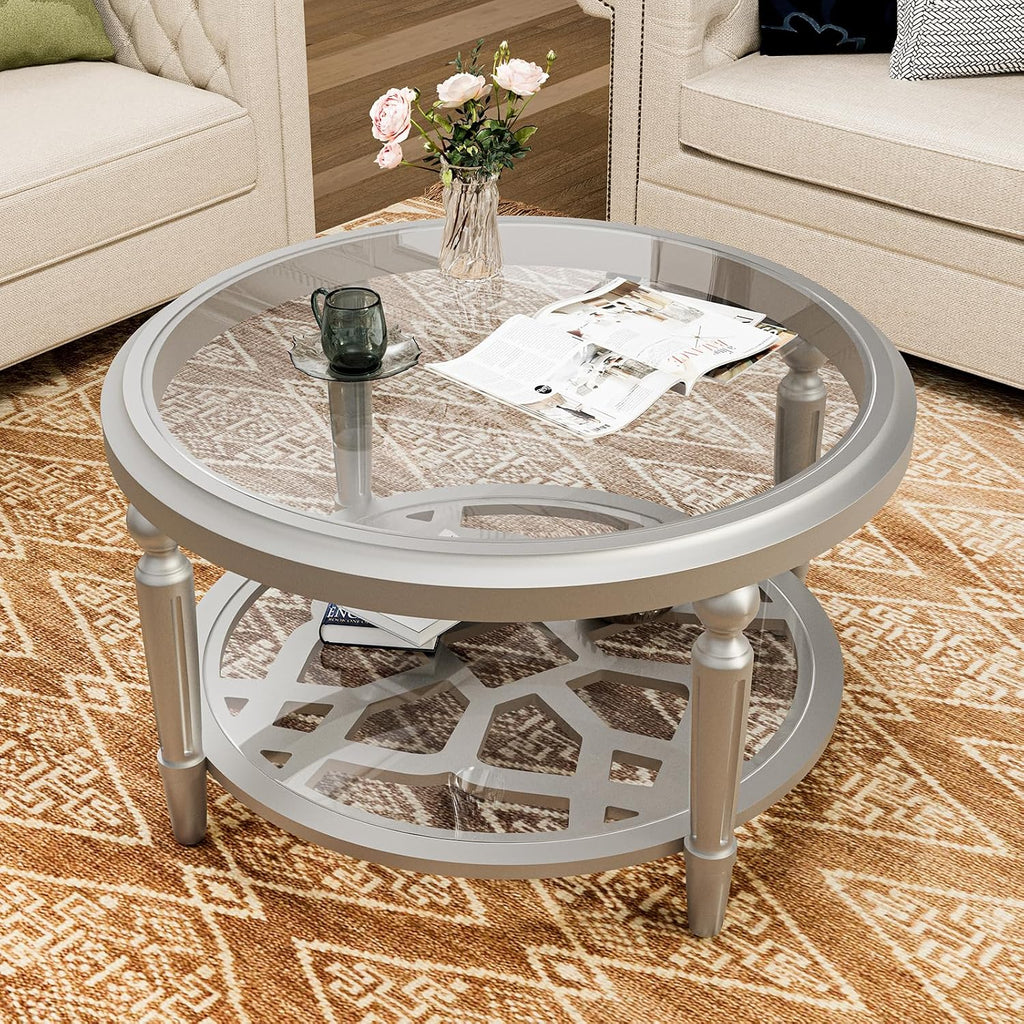 HOMPUS Glass Coffee Table, 32'' Round Coffee Table with Storage Shelf, Modern Unique Coffee Table with Double-Tempered Glass, Living Room End Table for Bedroom, Meeting Room, Fully Assembled