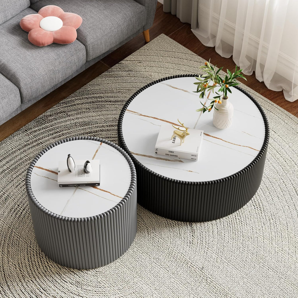 Modern Round Coffee Table Set of 2 Luxury Sintered Stone Top Coffee End Table in Black/Grey Leatherette Drum-Shape Small Coffee Side End Tables for Living Room,Fully Assembled
