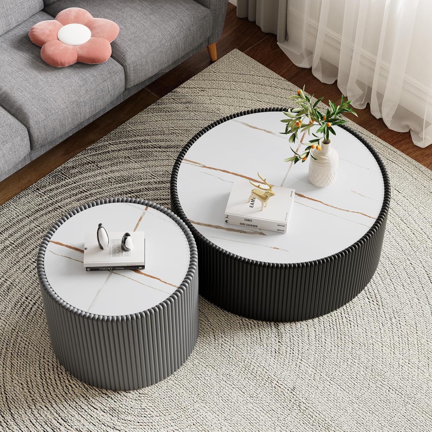 Modern Round Coffee Table Set of 2 Luxury Sintered Stone Top Coffee End Table in Black/Grey Leatherette Drum-Shape Small Coffee Side End Tables for Living Room,Fully Assembled