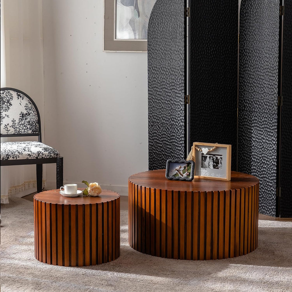 KEVINSPACE Nesting Coffee Table Set of 2 Circle CoffeeTable Modern NestingTables for Living Room Round Fluted Wooden CoffeeTabl No Need Assembly for Bedroom Balcony Lounge 47.25' Walnut