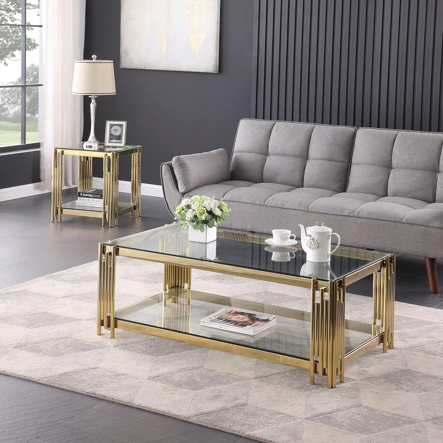48' Rectangle Glass Coffee Table with Storage, Luxury 2-Tier Living Room Center Table w/Gold Stainless Steel Frame, Modern Clear Glass Coffee Cocktail Tea Table for Home Office