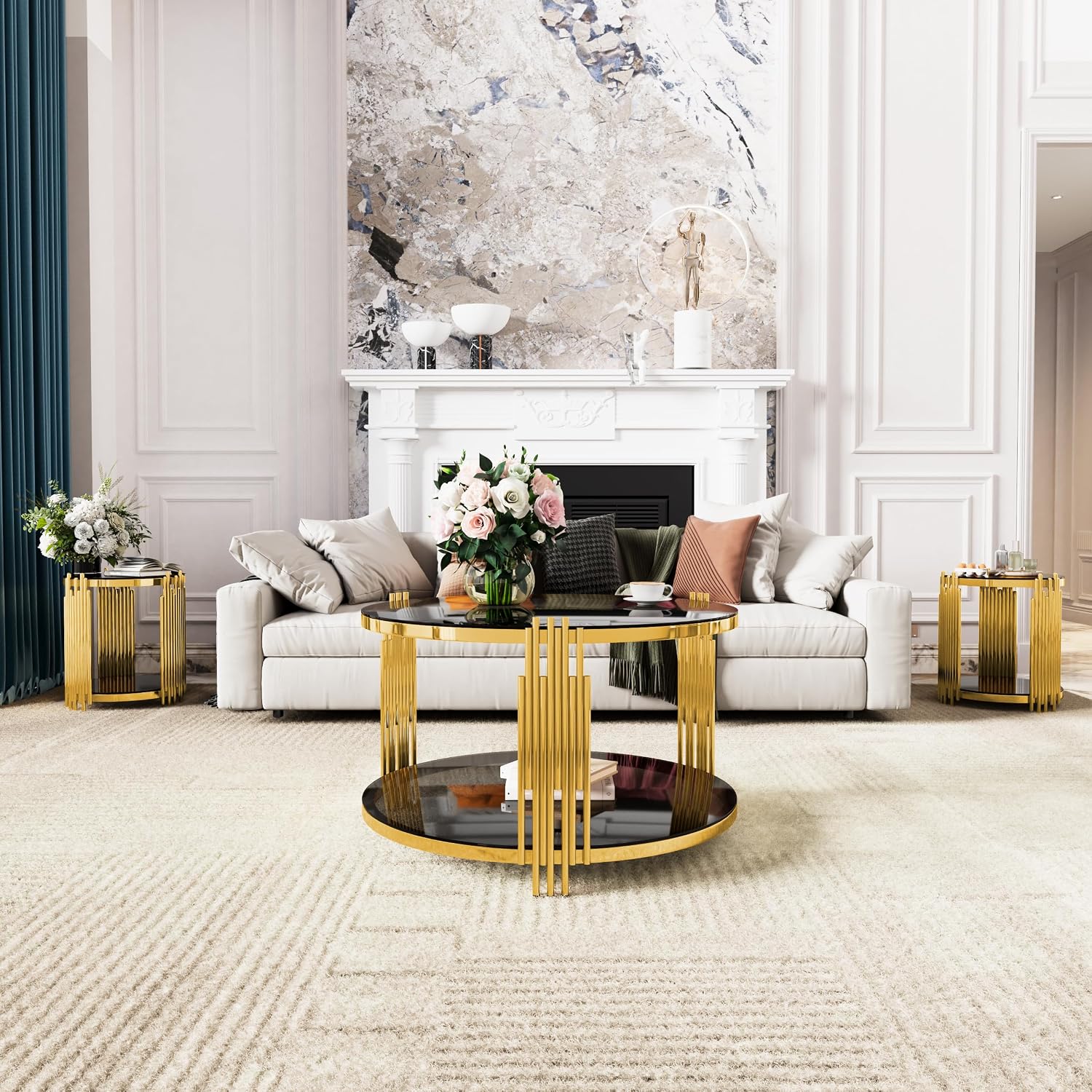 19.8'' Tempered Glass Side Tabel Round End for Living Room, 2-Tier Modern Accent Circle Design, Black Mirror Tabletop & Metal Drum Base, Easy Assembly, Black & Gold