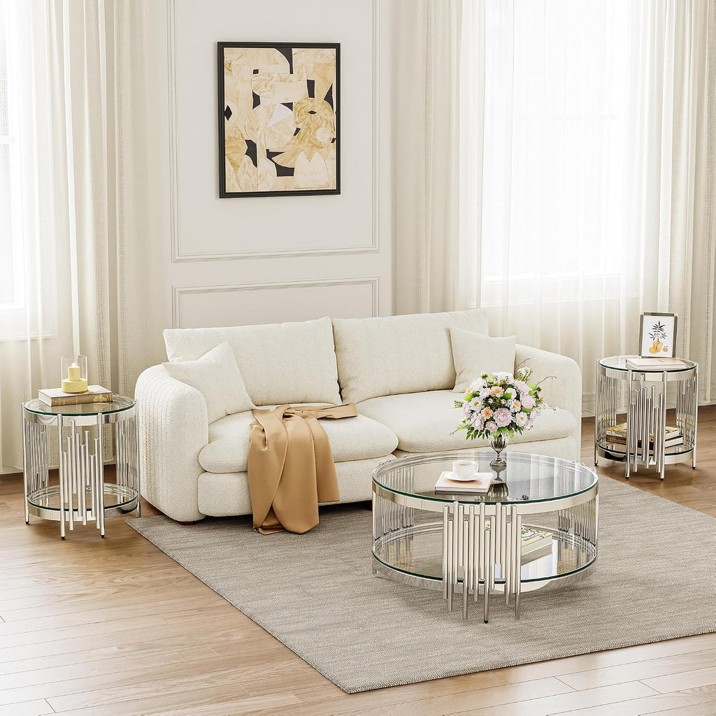 Round Glass Coffee Table Set of 3, 2-Tier Luxury Living Room Table and 2 End Tables, Clear Tempered Glass Tabletop with Silver Mirrored Stainless Steel Table Base, for Living Room, Office, Apartment