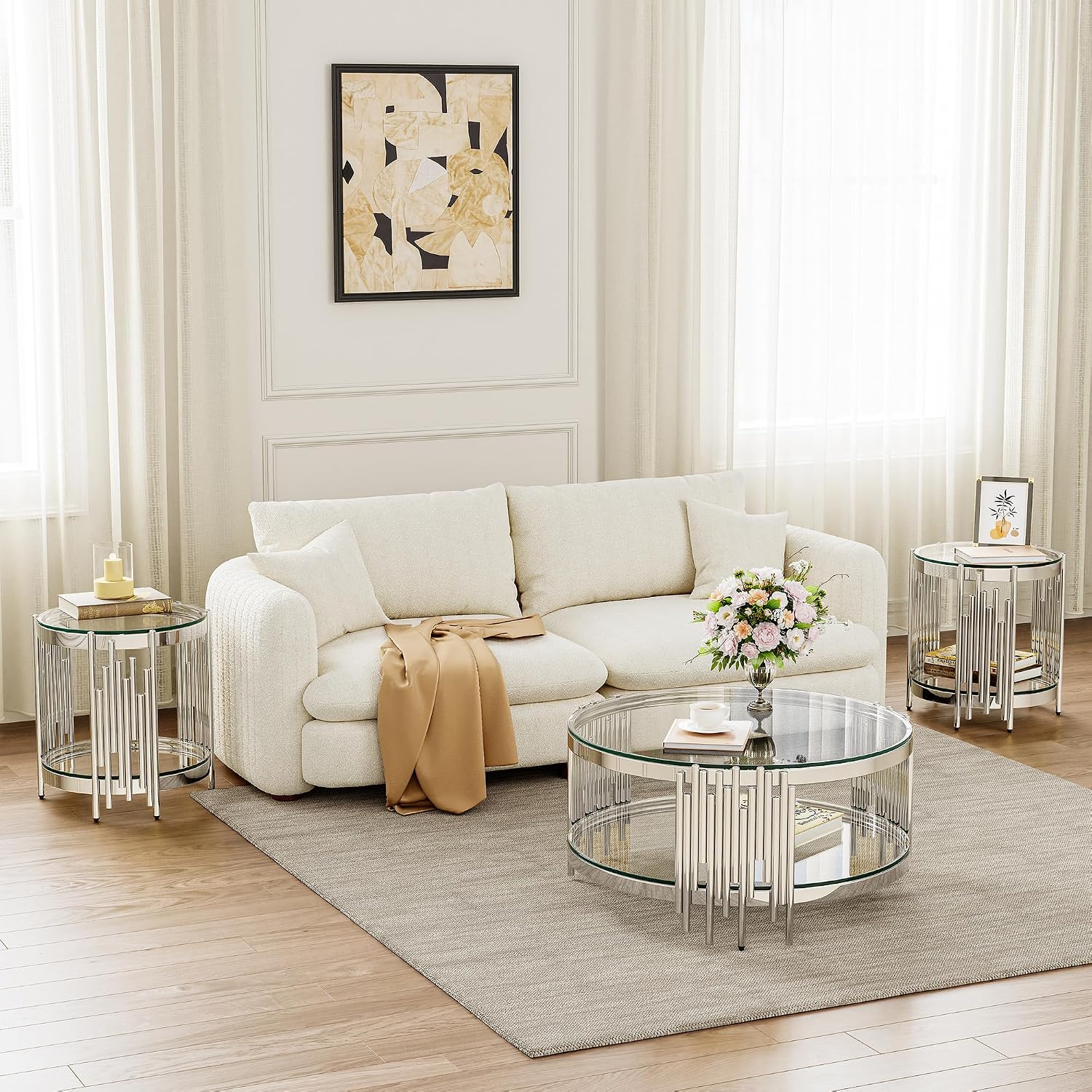 Round Glass Coffee Table Set of 3, 2-Tier Luxury Living Room Table and 2 End Tables, Clear Tempered Glass Tabletop with Silver Mirrored Stainless Steel Table Base, for Living Room, Office, Apartment