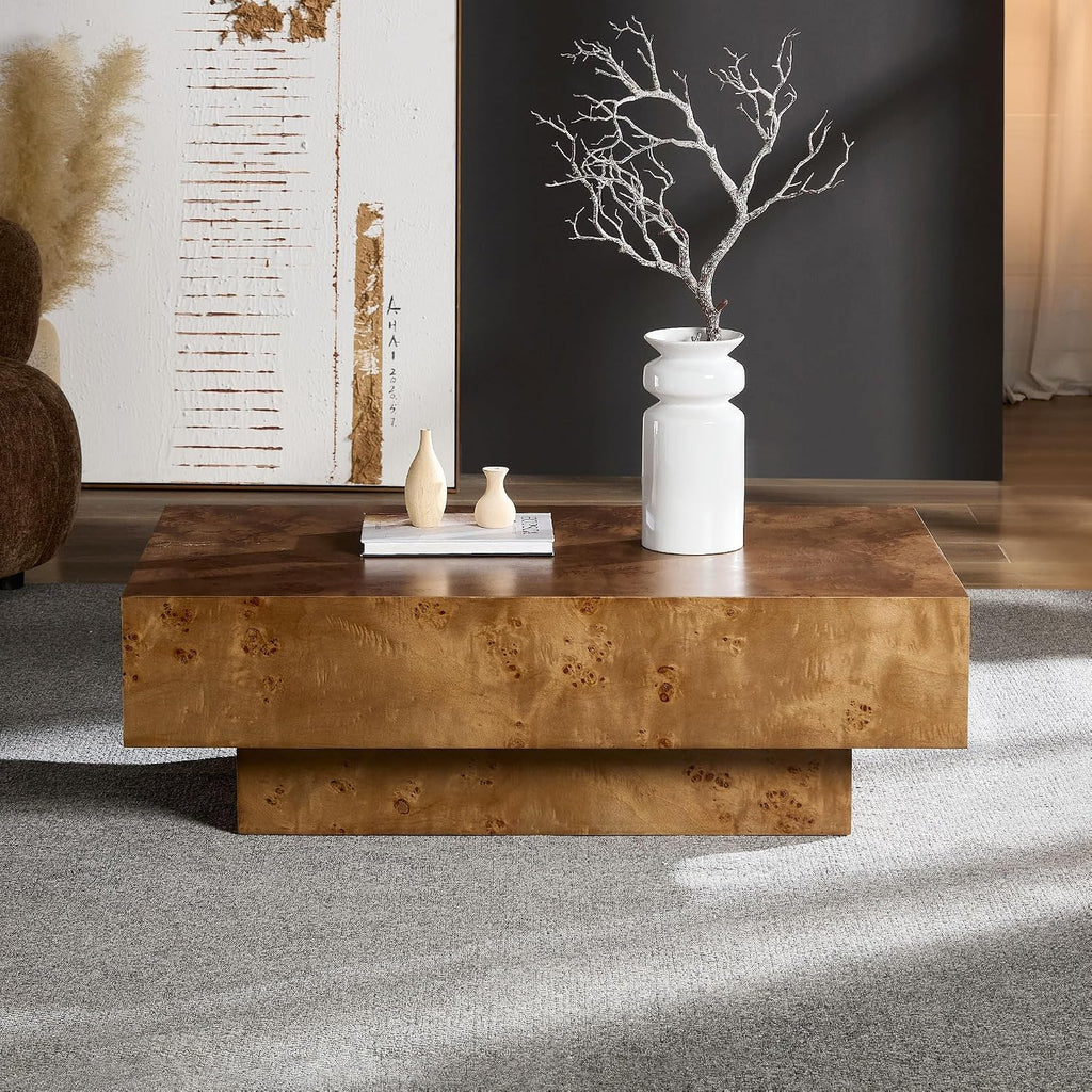 WILLIAMSPACE 43.31' Rectangle Coffee Table with Burl Wood Veneer & Sturdy Base, Modern Luxury Wood Drum Center Table Accent Side End Table for Living Room Apartment, Walnut