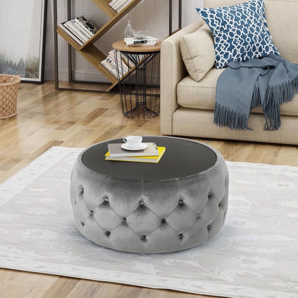 30' Round Velvet Ottoman Coffee Table, Button Tufted Coffee Table with Tempered Glass Top Modern Upholstered Tufted Velvet Cocktail Center Table for Living Room, Fully Assembled (Gray)