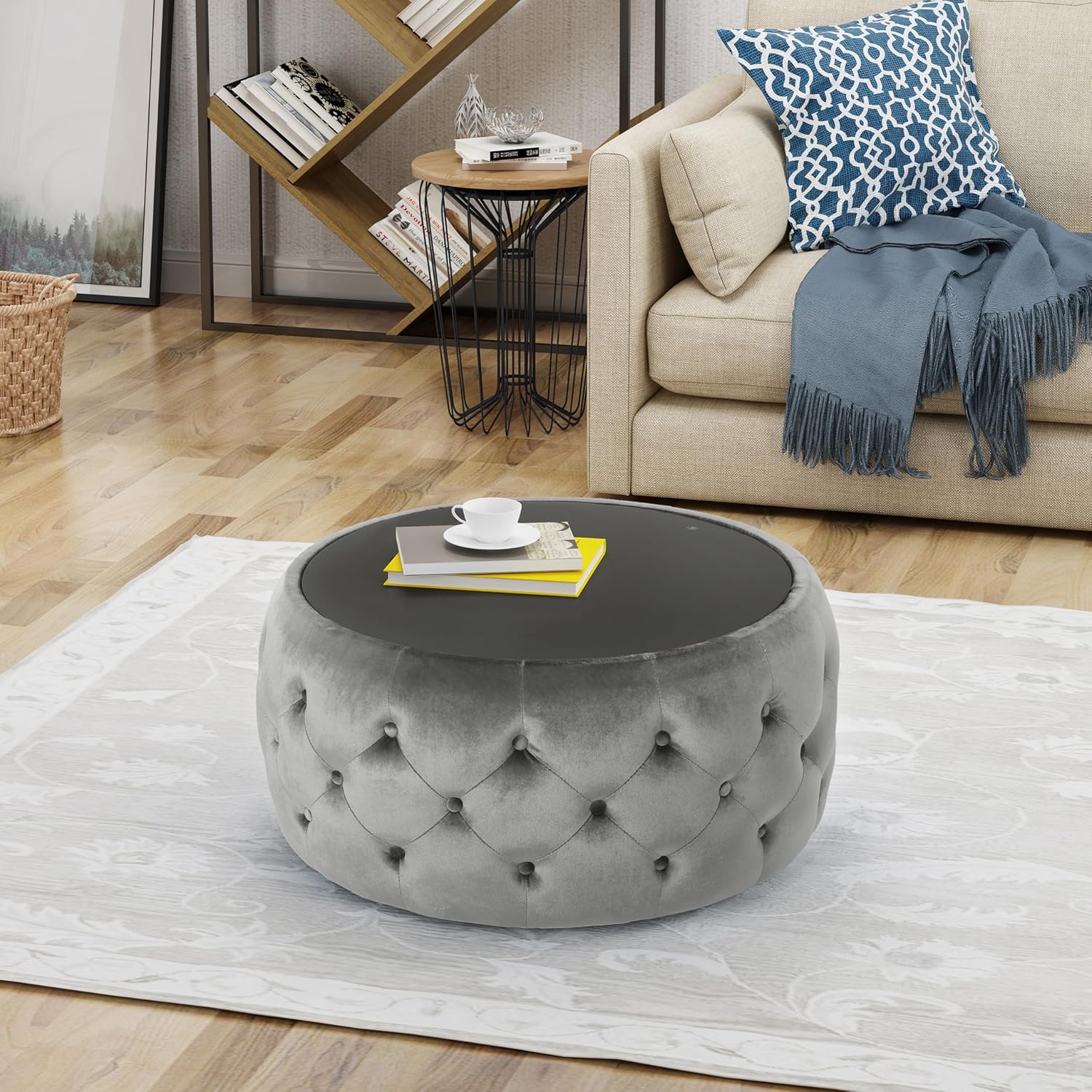 30' Round Velvet Ottoman Coffee Table, Button Tufted Coffee Table with Tempered Glass Top Modern Upholstered Tufted Velvet Cocktail Center Table for Living Room, Fully Assembled (Gray)