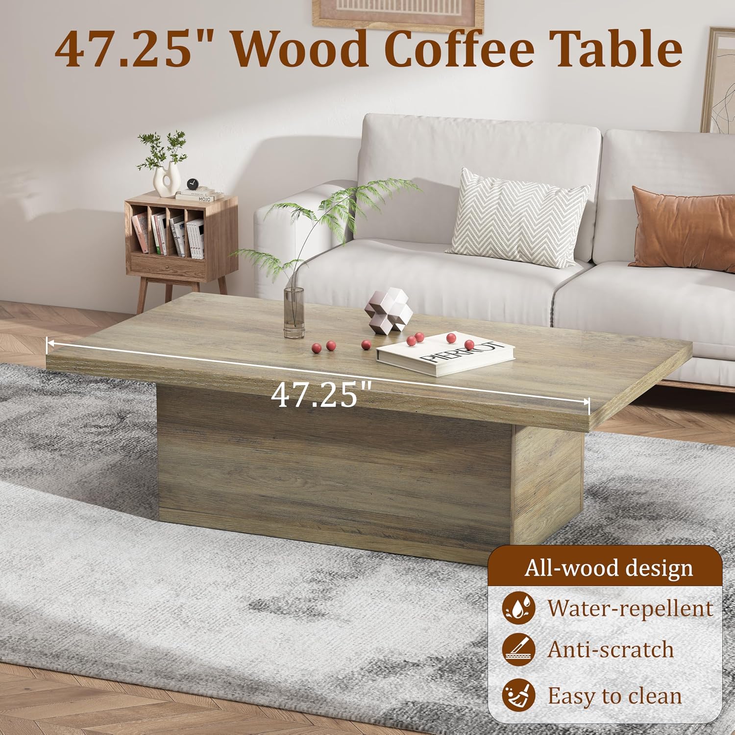 Farmhouse Coffee Table 47.25 Inch Modern Center Tables Wood Cocktail Table, Scratch-Resistant Accent Table with Sturdy Frame for Living Room, Apartment, Home Office & Lounge (Oak Brown)