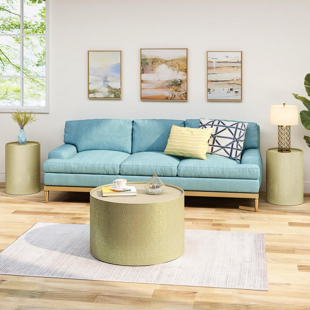 Christopher Knight Home Braeburn Modern Round 3 Piece Iron Accent and Coffee Table Set, Gold
