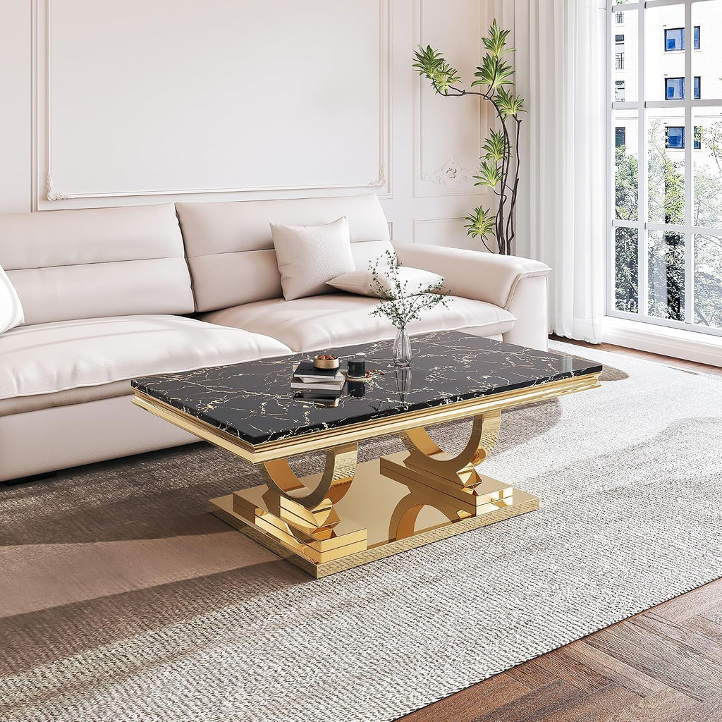 Marble Coffee Table, 47' Black Faux Marble Rectangular Cocktail Table with Mirrored Finish Double O-Shape Stainless Steel Base, Central Cocktail Tea Tables for Living Room Office, Gold
