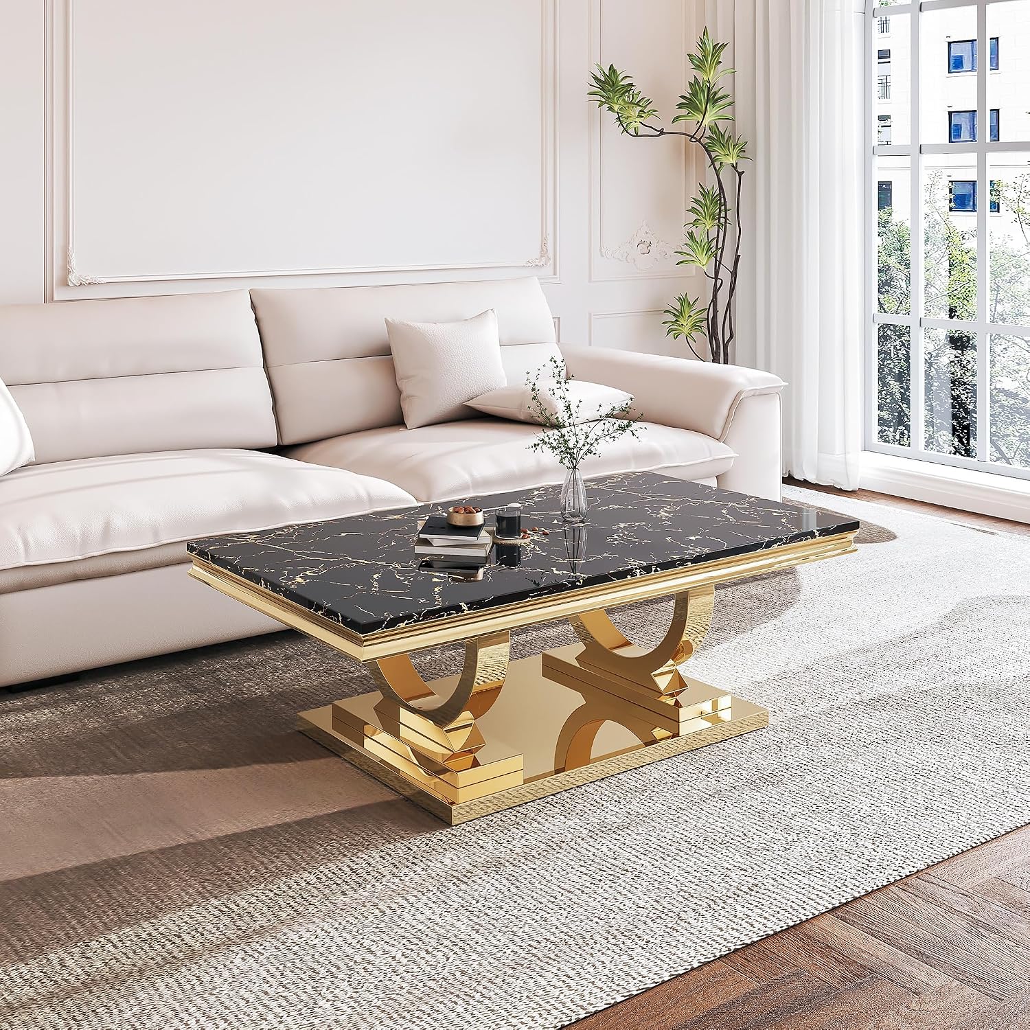 Marble Coffee Table, 47' Black Faux Marble Rectangular Cocktail Table with Mirrored Finish Double O-Shape Stainless Steel Base, Central Cocktail Tea Tables for Living Room Office, Gold