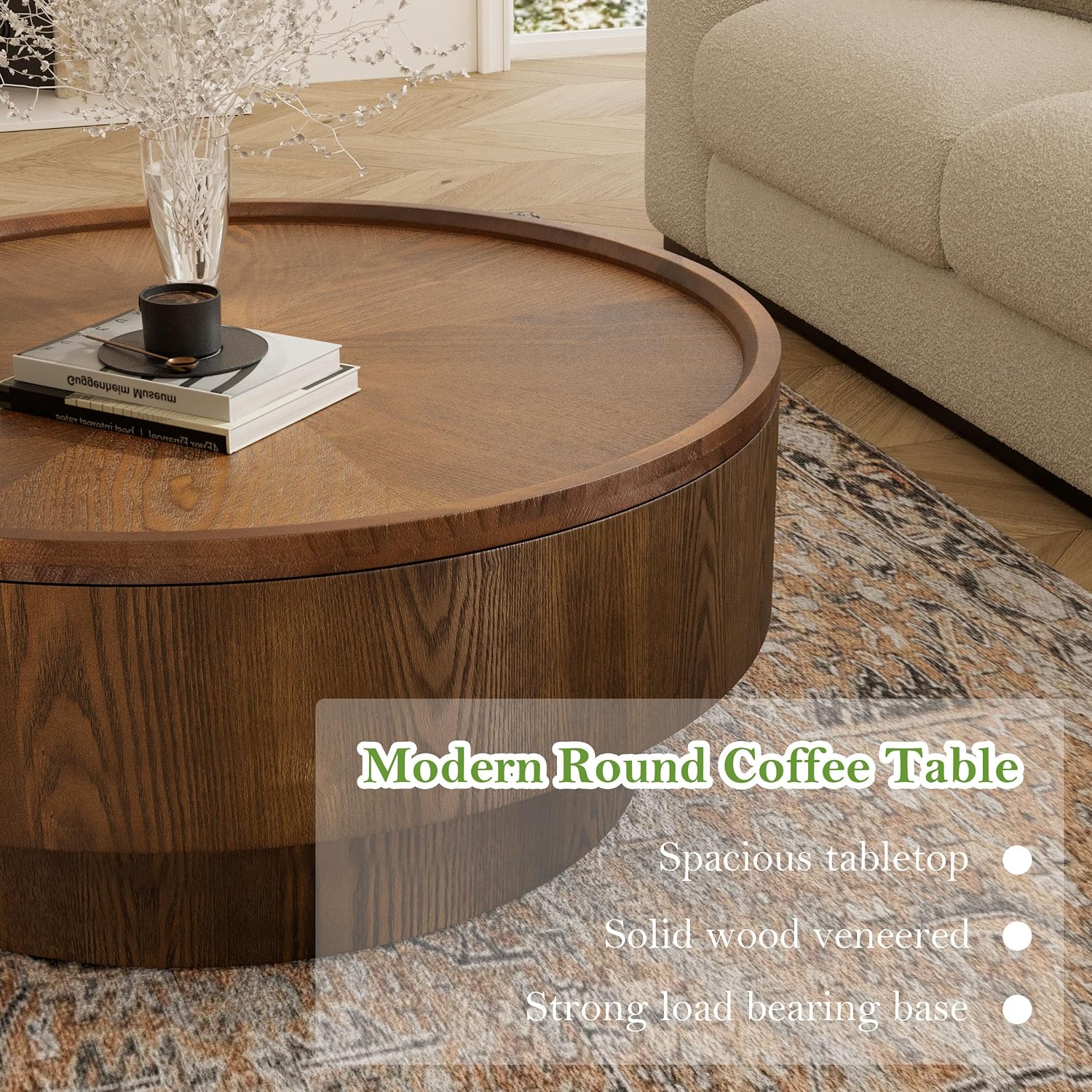 30.7' Round Coffee Table with Storage Modern Stylish Circle Storages Coffee Table with Solid Wood Veneered for Living Room Study Balcony Farmhouse (Circle Storage Table 30.7in)