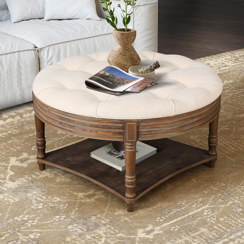 31.49'' Round Coffee Table with Storage Space, 2-Tier Modern Wood Circle Coffee Table for Living Room, Moveable Table Top & Easy Assembly & Waterproof Upholstered Linen, Beige & Wood