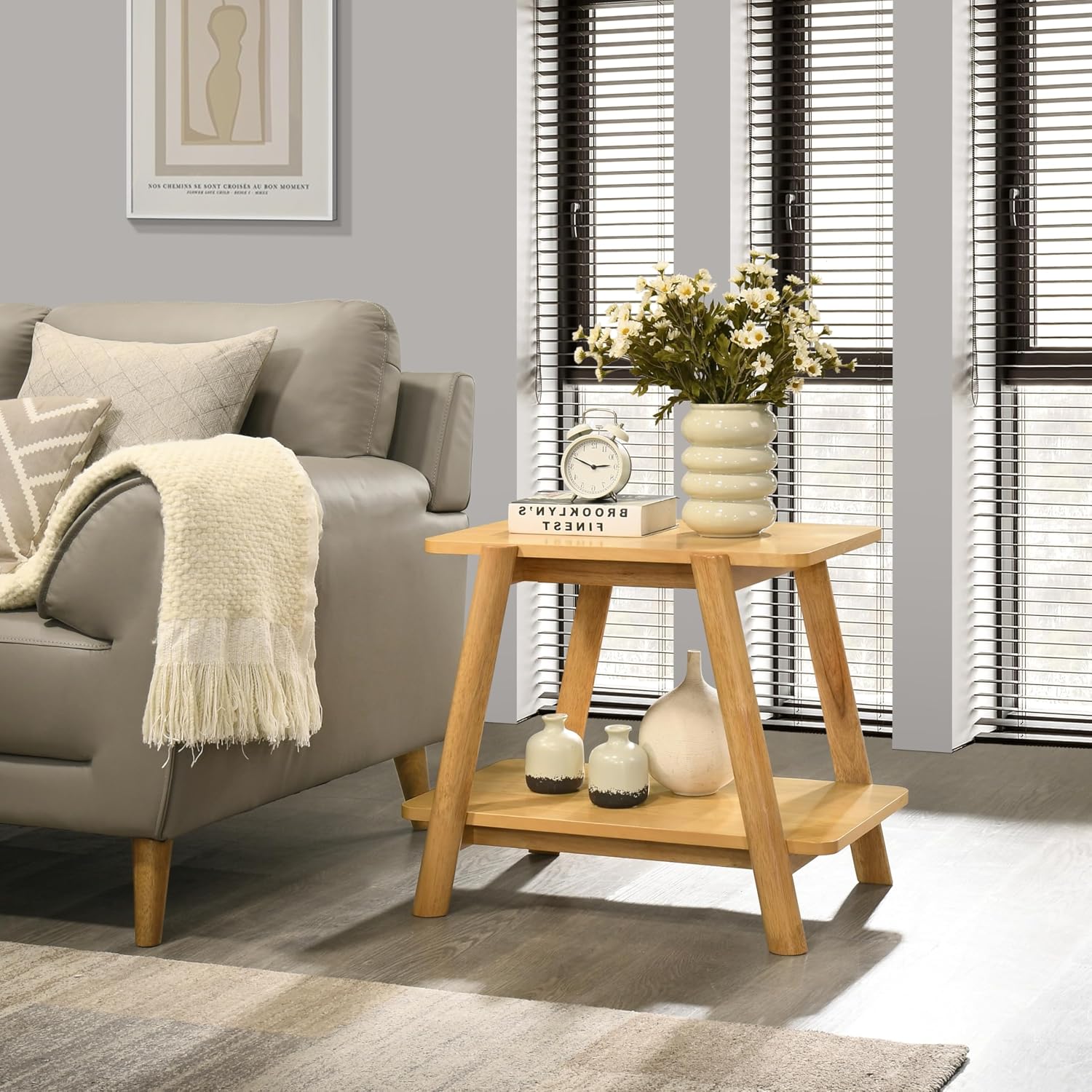 Roundhill Furniture Metz 3-Piece Coffee Table Set, Coffee Table and Two End Tables, Natural Oak Finish