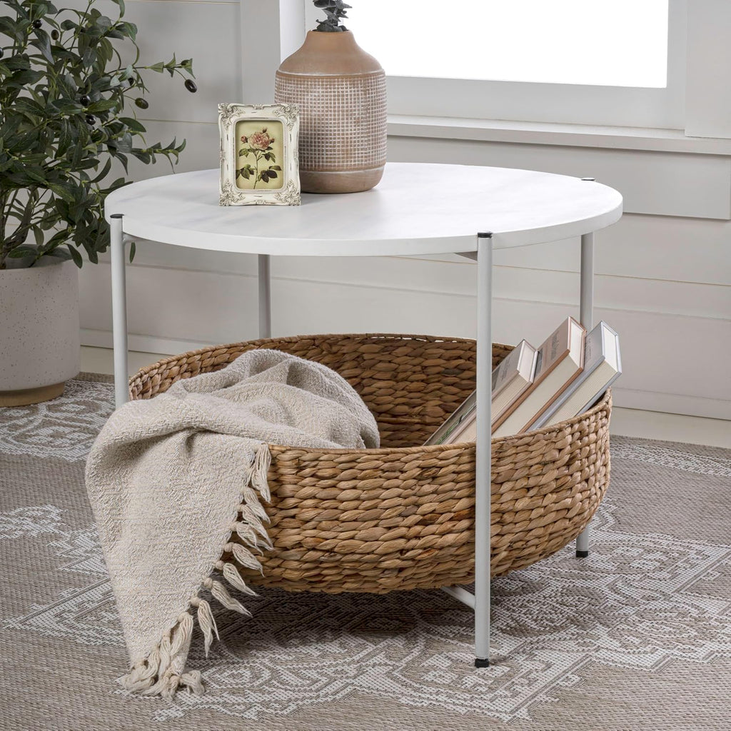 happimess SAT2000C Carly 24.21' Modern Coastal Round Acacia Wood/Water Hyacinth Coffee Table with Storage Basket, Table for Living Room and Bedroom, Natural/White