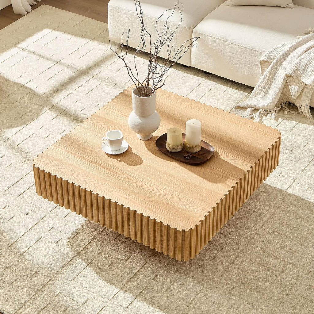 WILLIAMSPACE 35.43' Square Coffee Table with Sturdy Base, Modern Luxury Wood Drum Center Table Accent End Side Table for Living Room, Minimalist Fluted Design, Oak