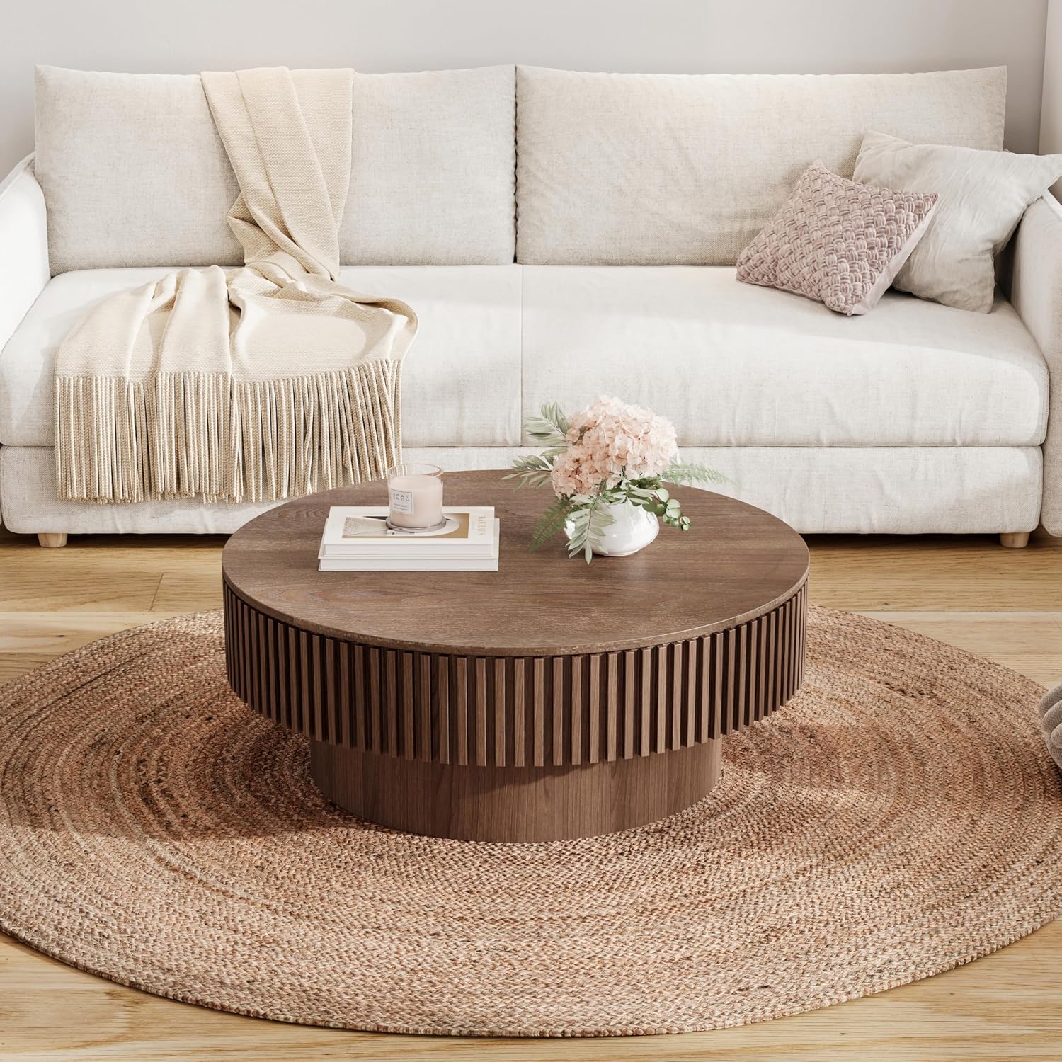 WILLIAMSPACE 31.49' Round Coffee Table with Storage for Living Room, Modern Circle Center Table with Solid Wood Veneered & Sturdy Pedestal, Accent End Tea Table for Apartment - Walnut
