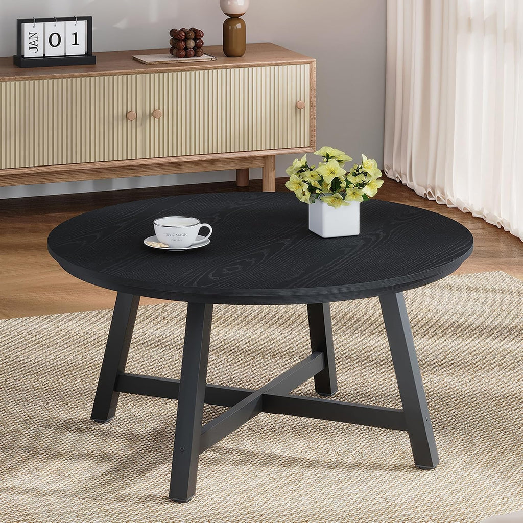 36' Round Coffee Table for Living Room, Large Circle Center Table with Wood Grain Top, Thick Metal Legs & Adjustable Feet, Modern Round Coffee Tables for Apartments Homes Easy Assembly, Black