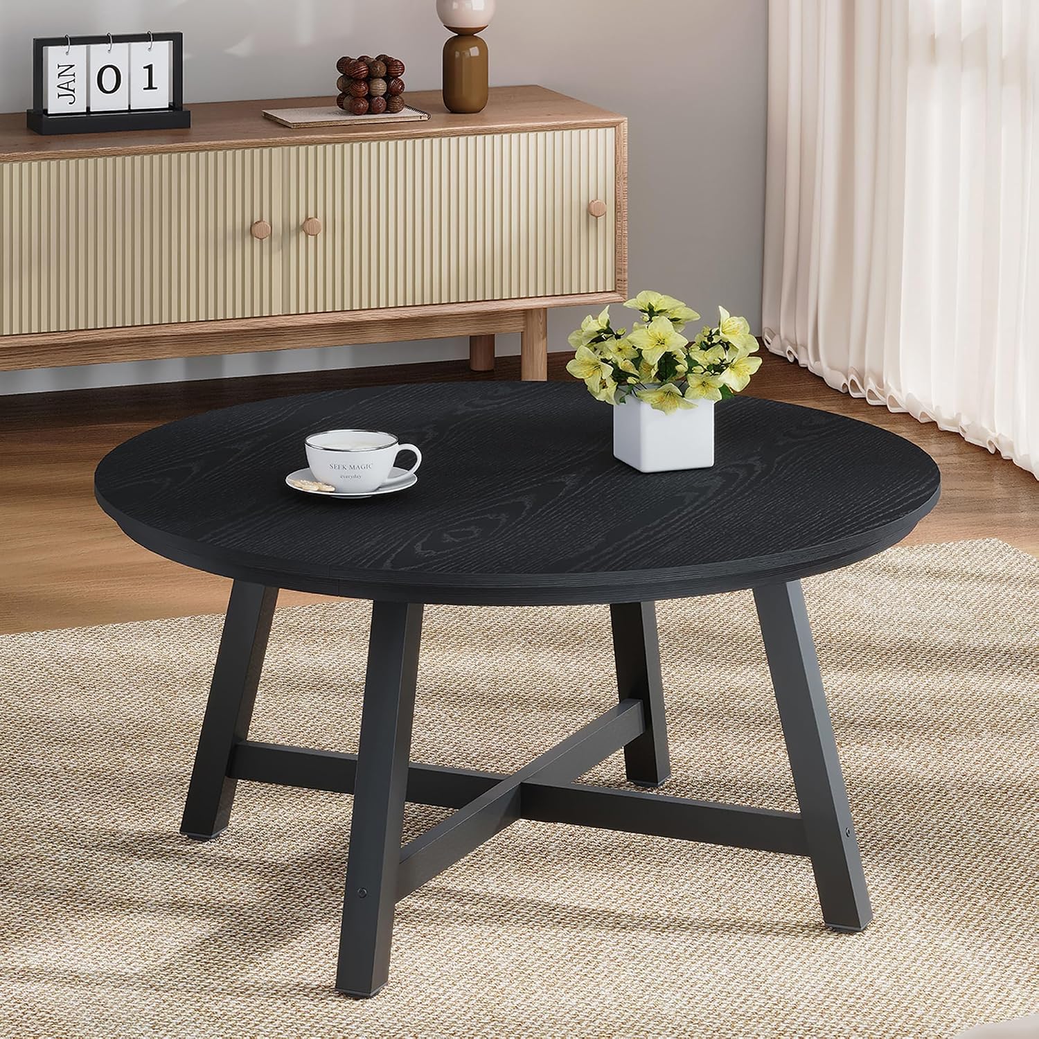 36' Round Coffee Table for Living Room, Large Circle Center Table with Wood Grain Top, Thick Metal Legs & Adjustable Feet, Modern Round Coffee Tables for Apartments Homes Easy Assembly, Black