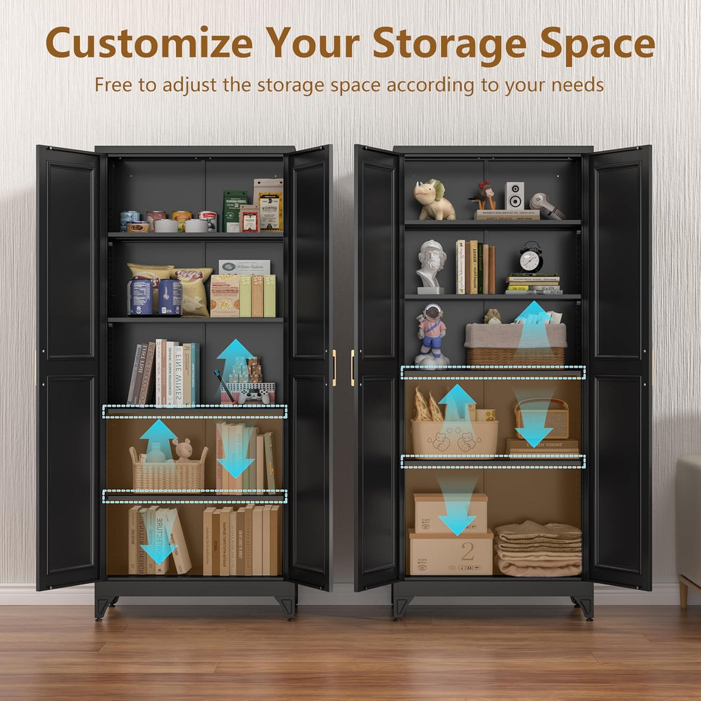 Polup Kitchen Pantry Cabinet, 75' H Metal Storage Cabinet with Doors and Shelves, 4 Standing Feet, Cupboard for Kitchen, Dining, Living Room, 16' D x 32' W x 75' H, Black, Assembly Required