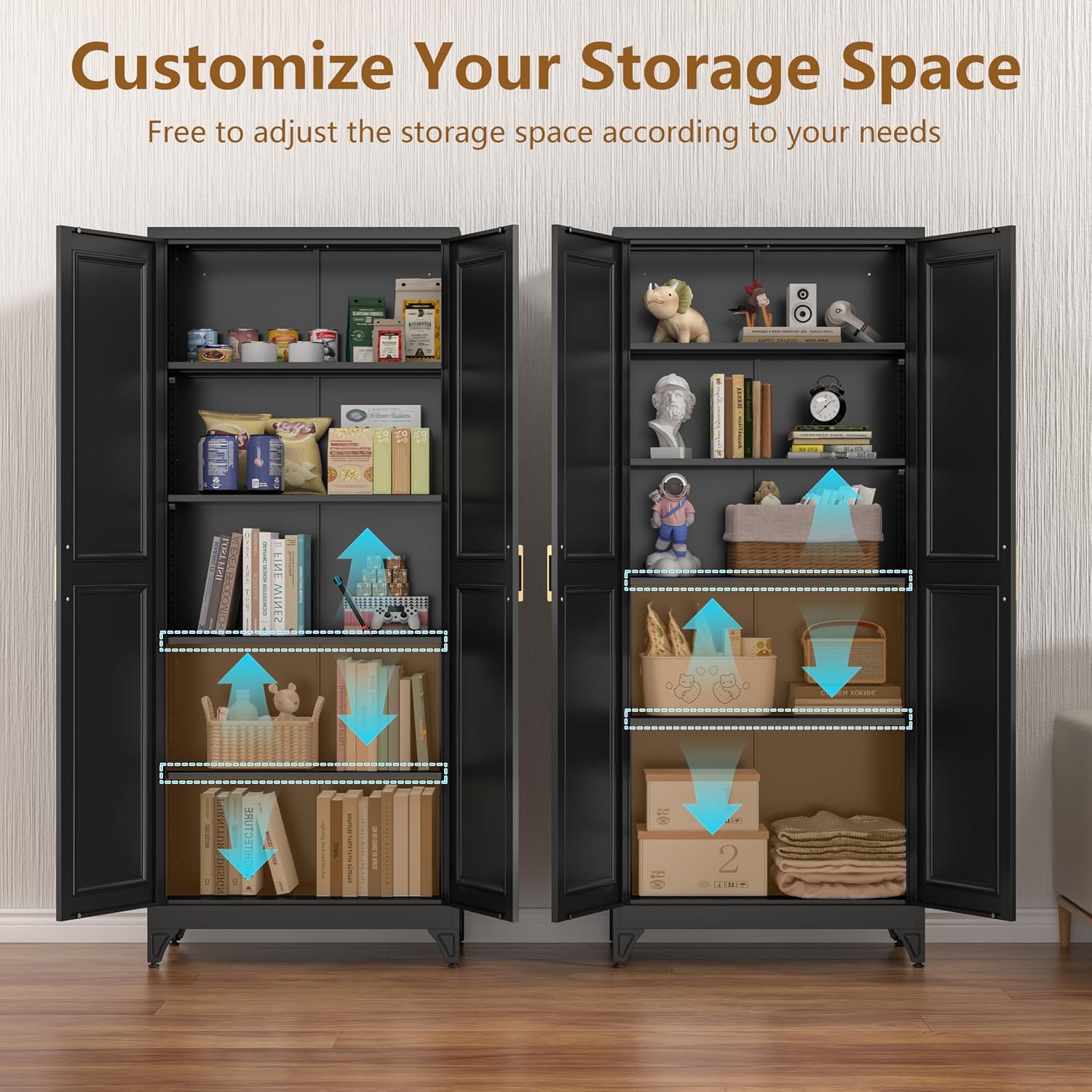 Polup Kitchen Pantry Cabinet, 75' H Metal Storage Cabinet with Doors and Shelves, 4 Standing Feet, Cupboard for Kitchen, Dining, Living Room, 16' D x 32' W x 75' H, Black, Assembly Required