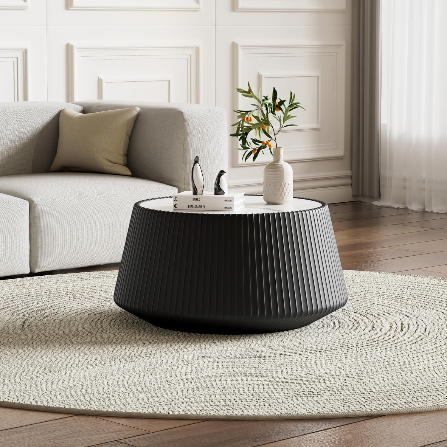 26.77' Marble Coffee Table, Modern Cup Shaped Coffee Table with Sintered Stone Top and PU Leather Covered, Black Fluted Cocktail Center Tea Coffee Tables for Living Room,No Need Assembly