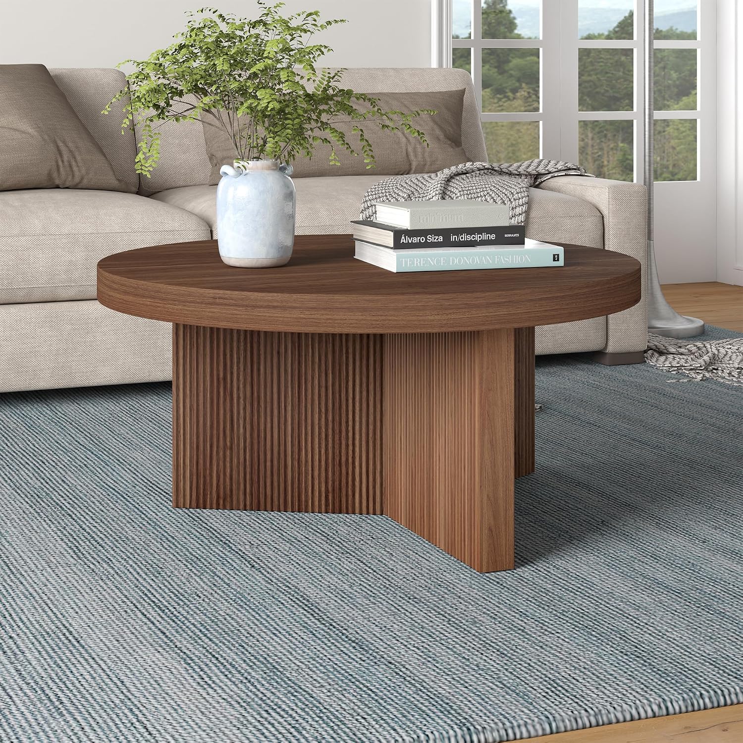Henn&Hart 32' Fluted Round Low-Profile Coffee Table with Ribbed Pedestal Base Living Room, Family Room, Office, or Apartment, Medium Walnut