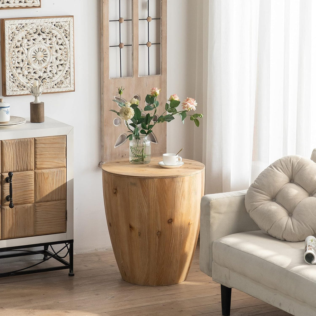 Wood Coffee Table End Table Side Table with Storage for Living Room, Modern Retro Farmhouse Round Bucket Drum Shaped Coffee Table for Apartment Office (ø21'' x 23.4'')