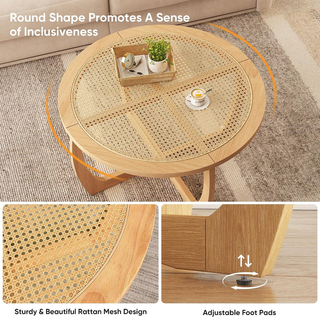 PADMA HOUSE Round Wood Coffee Table with Handmade Rattan Top, Solid Circle Wooden Center Table with Curved Legs, Farmhouse Cocktail Table for Living Room, Light Brown 32.28' x 18'