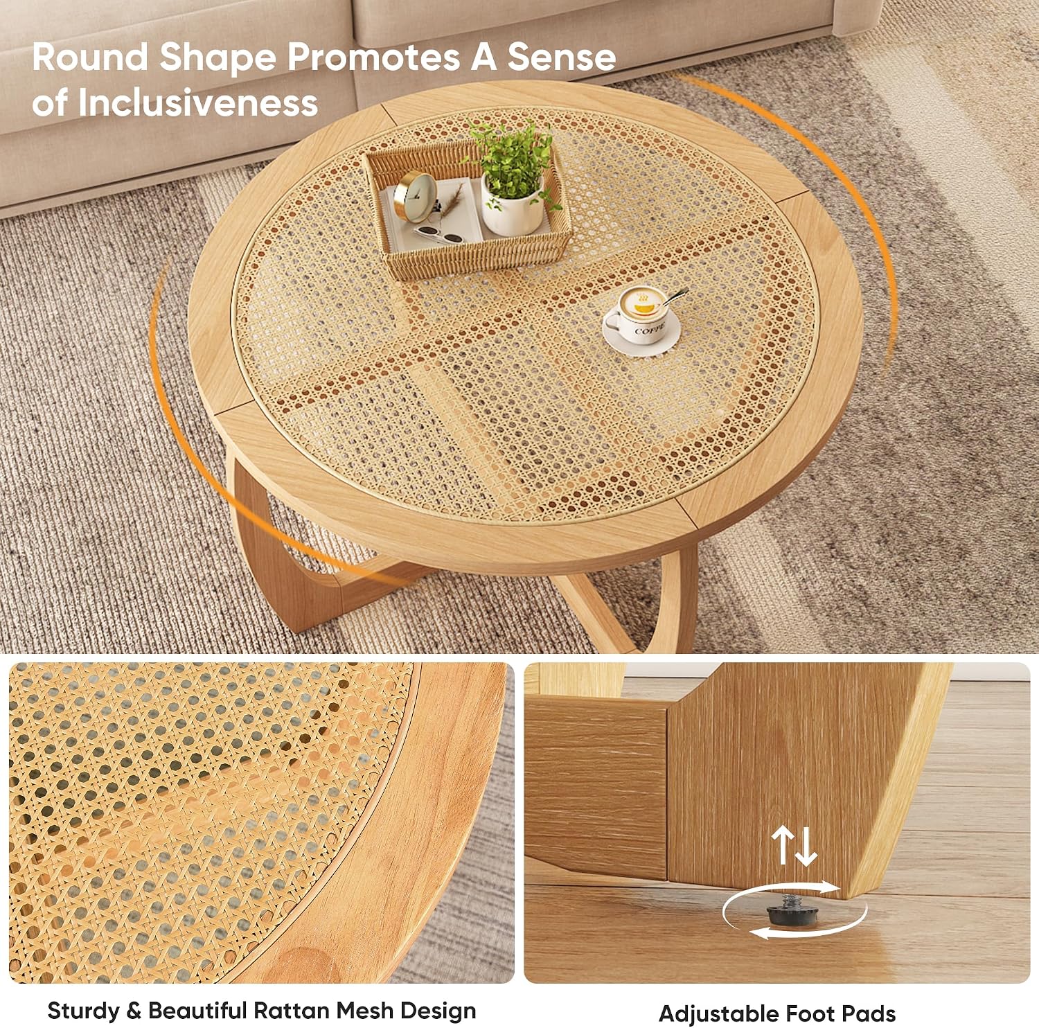 PADMA HOUSE Round Wood Coffee Table with Handmade Rattan Top, Solid Circle Wooden Center Table with Curved Legs, Farmhouse Cocktail Table for Living Room, Light Brown 32.28' x 18'