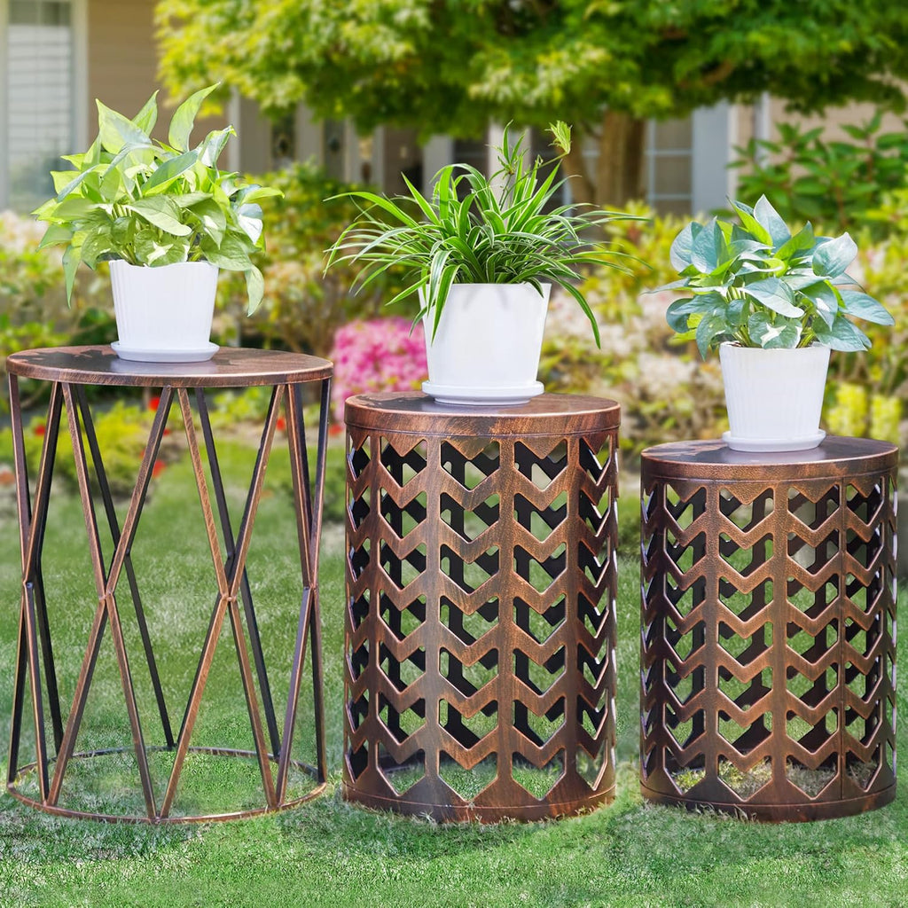 Y&M Nesting Side Table, Set of 3 Stacking Coffee Tables for Living Room End Tables, Outdoor Decorative Garden Stool with Heavy Duty Modern Industrial Decor - Black with Bronze (Ship from US)