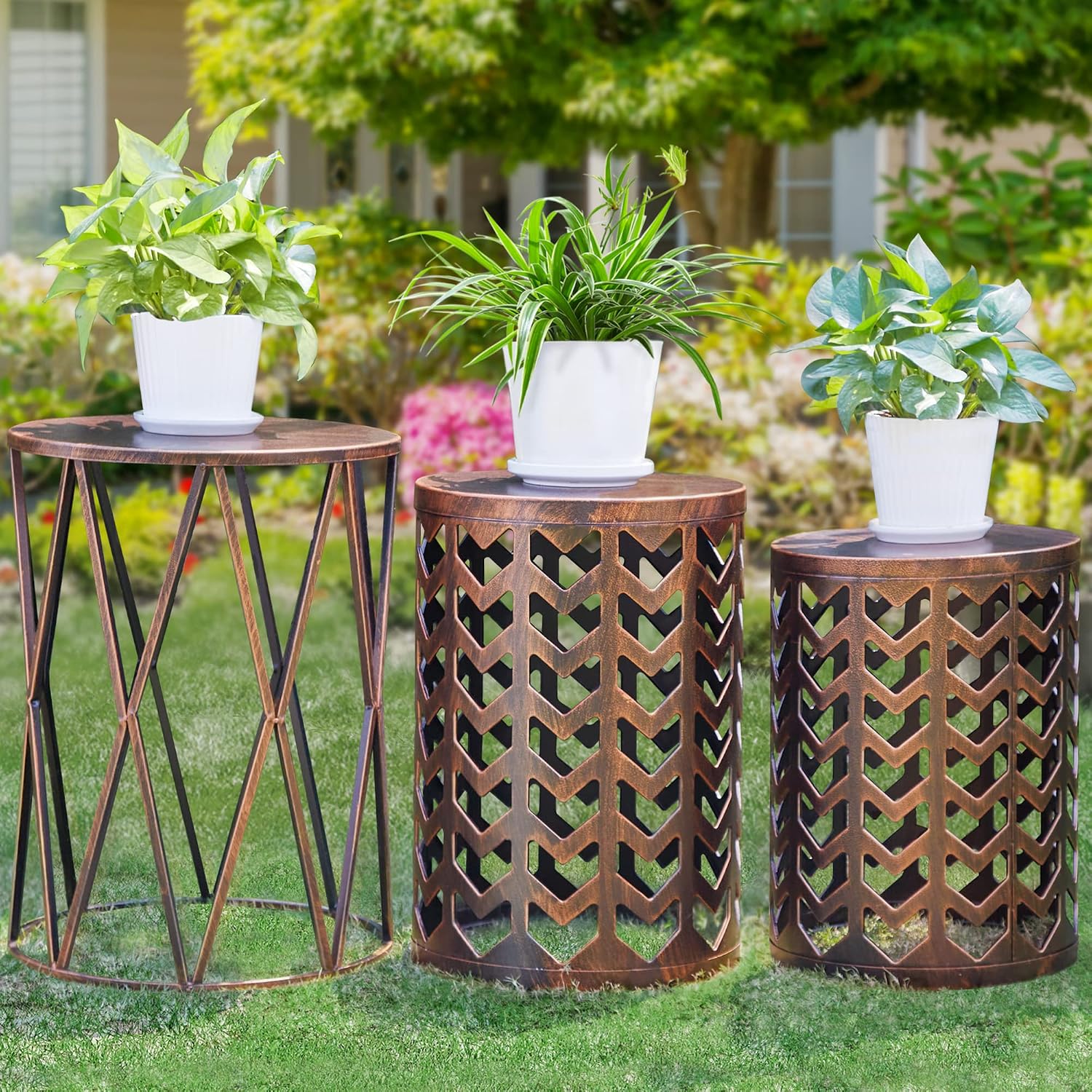 Y&M Nesting Side Table, Set of 3 Stacking Coffee Tables for Living Room End Tables, Outdoor Decorative Garden Stool with Heavy Duty Modern Industrial Decor - Black with Bronze (Ship from US)