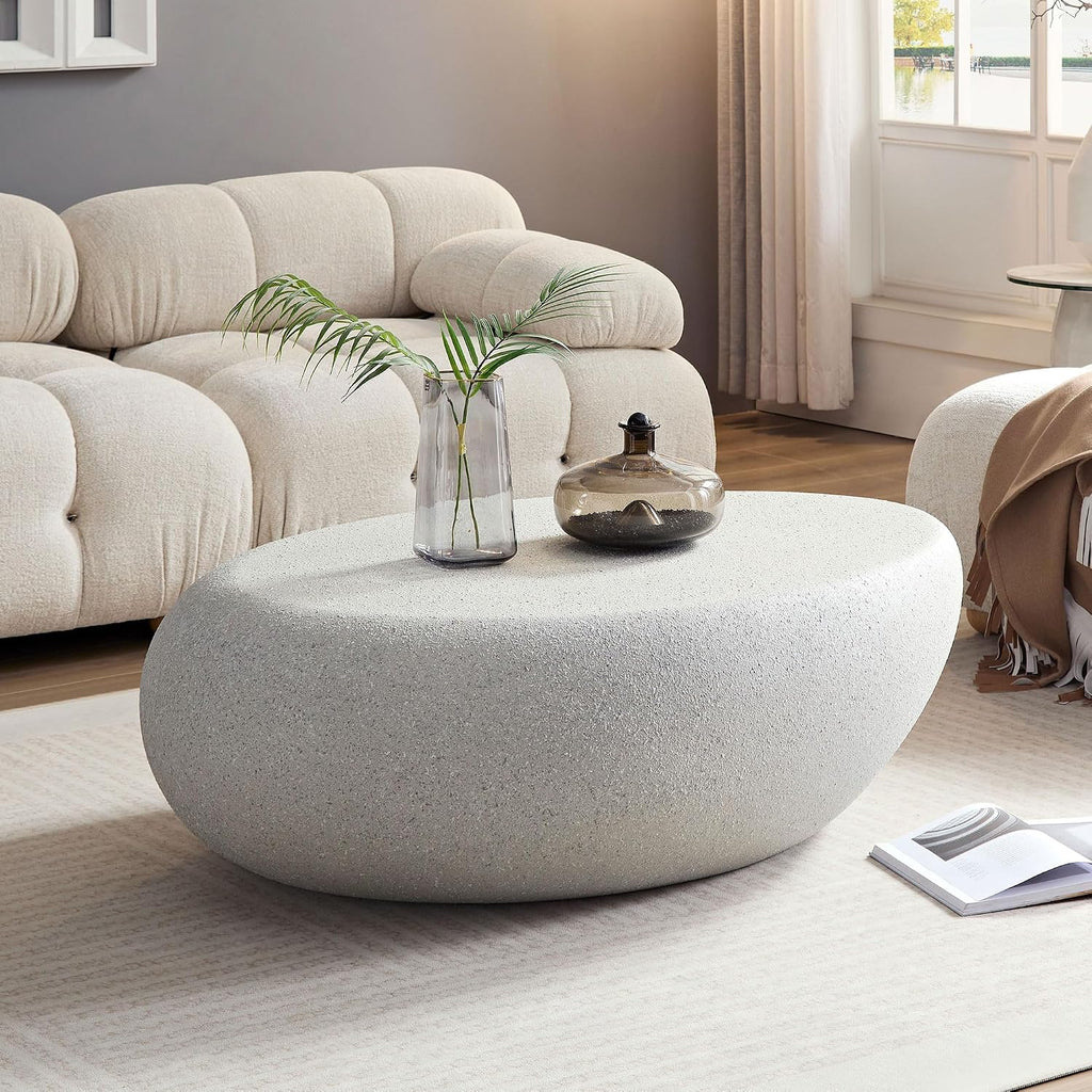 Faux Rock Coffee Table Set with Lightly Rought Rock Design,Irregular Drum Coffee Table Set with Side Table,Fiberglass Accent Stone-Like Central Table for Living Room,No Assembly