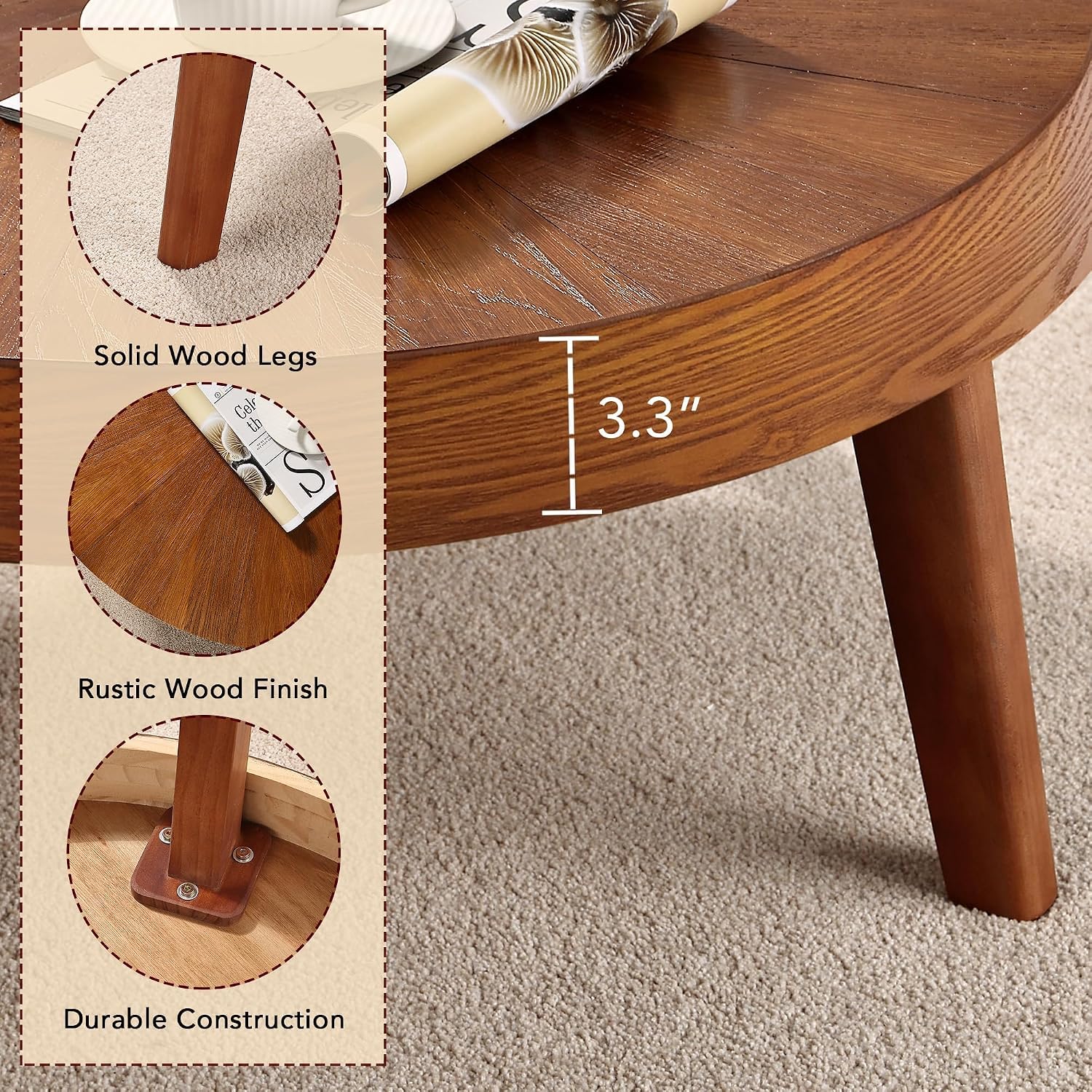 HOKYHOKY Farmhouse Round Coffee Table Set of 3, Boho Sofa Side Nesting Tables End Table Set with Wood Natural Finish for Living Room, Bedroom, Home Office,Brown