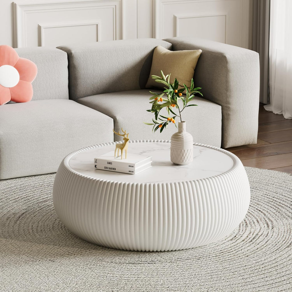 27.55' Round Marble Coffee Table,White Fluted Coffee Table with White Sintered Stone Top & PU Leather Covered, Modern Drum Coffee Cocktail Center Tables for Living Room,No Need Assembly