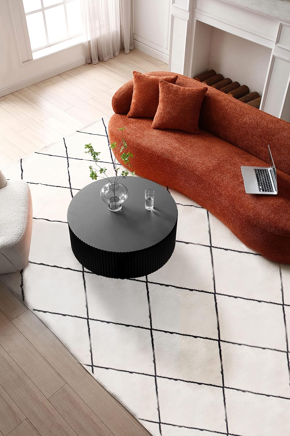 KEIKI 35' Round MDF Coffee Table with Handcrafted Relief Design, Modern Style Circle Coffee Table, No Assembly Required, for Living Room, Bedroom, Reception Room, Office, Matt Black