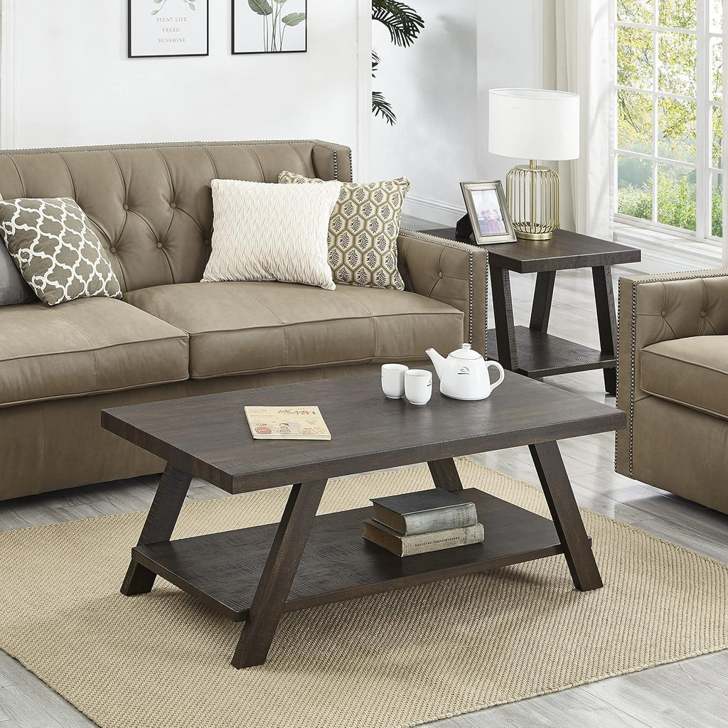 3-Piece Living Room Table Set, Coffee Table& Two End Tables, Side Table with Wood Storage Shelf for Living Room, Bedroom (Espresso, 48' L x 24' W x 19' H)