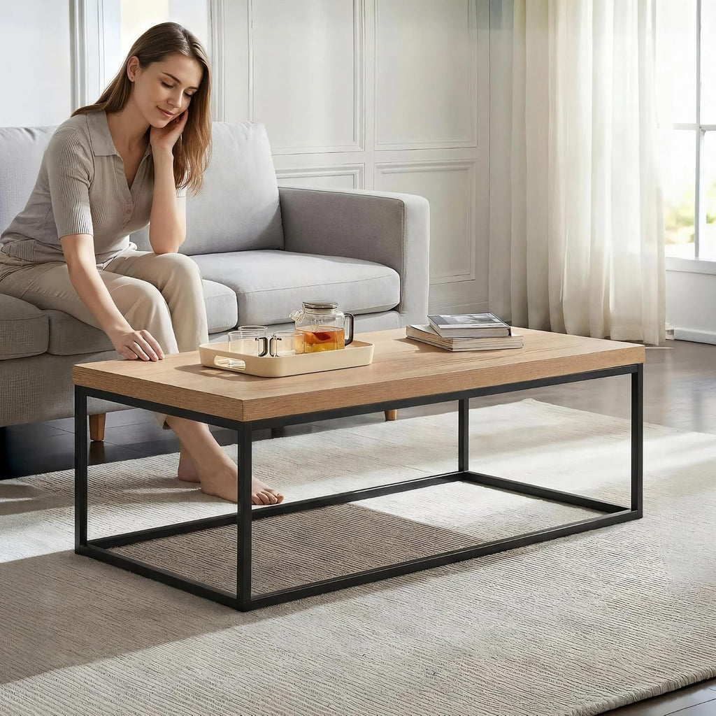 CENSI 47-Inch Natural Oak Coffee Table for Living Room, Modern Industrial Rectangular Wood and Metal Center Table with Extra Thick Tabletop (Natural Wood)