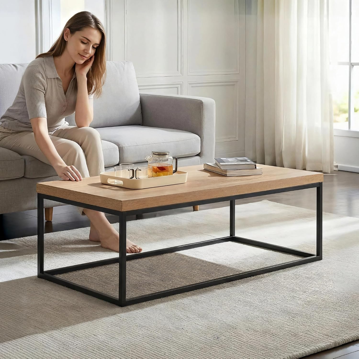 CENSI 47-Inch Natural Oak Coffee Table for Living Room, Modern Industrial Rectangular Wood and Metal Center Table with Extra Thick Tabletop (Natural Wood)