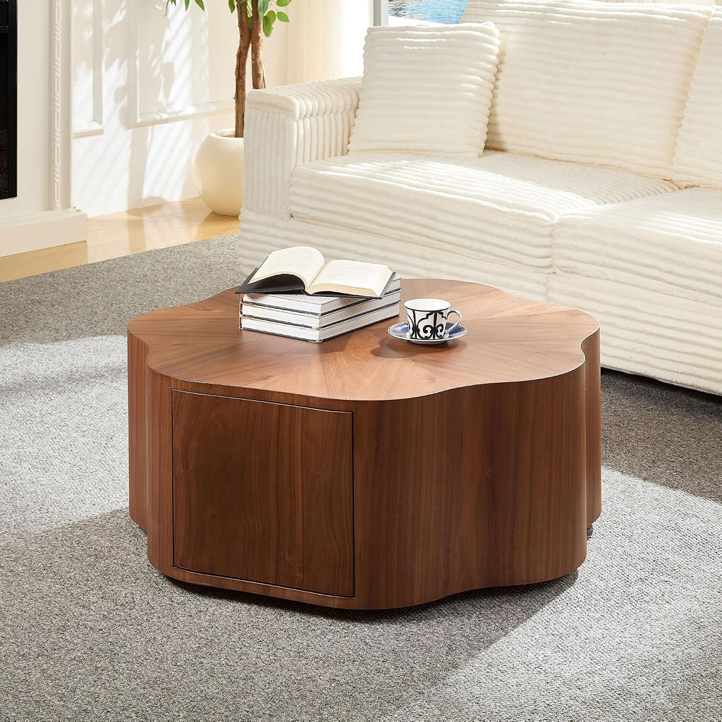 35.43'' Round Coffee Table with Drawer Storage Space for Living Room, Modern Drum Handcraft Wood Petal-Shaped Coffee Table, No Assembly, Walnut