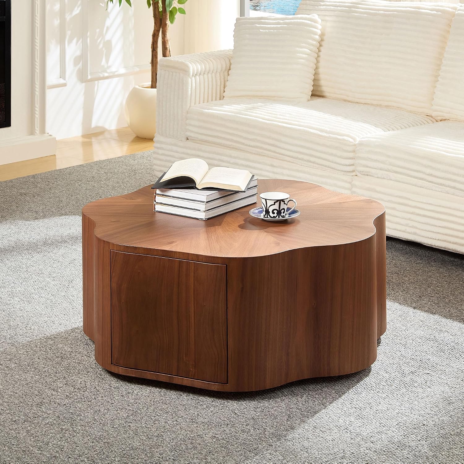 35.43'' Round Coffee Table with Drawer Storage Space for Living Room, Modern Drum Handcraft Wood Petal-Shaped Coffee Table, No Assembly, Walnut