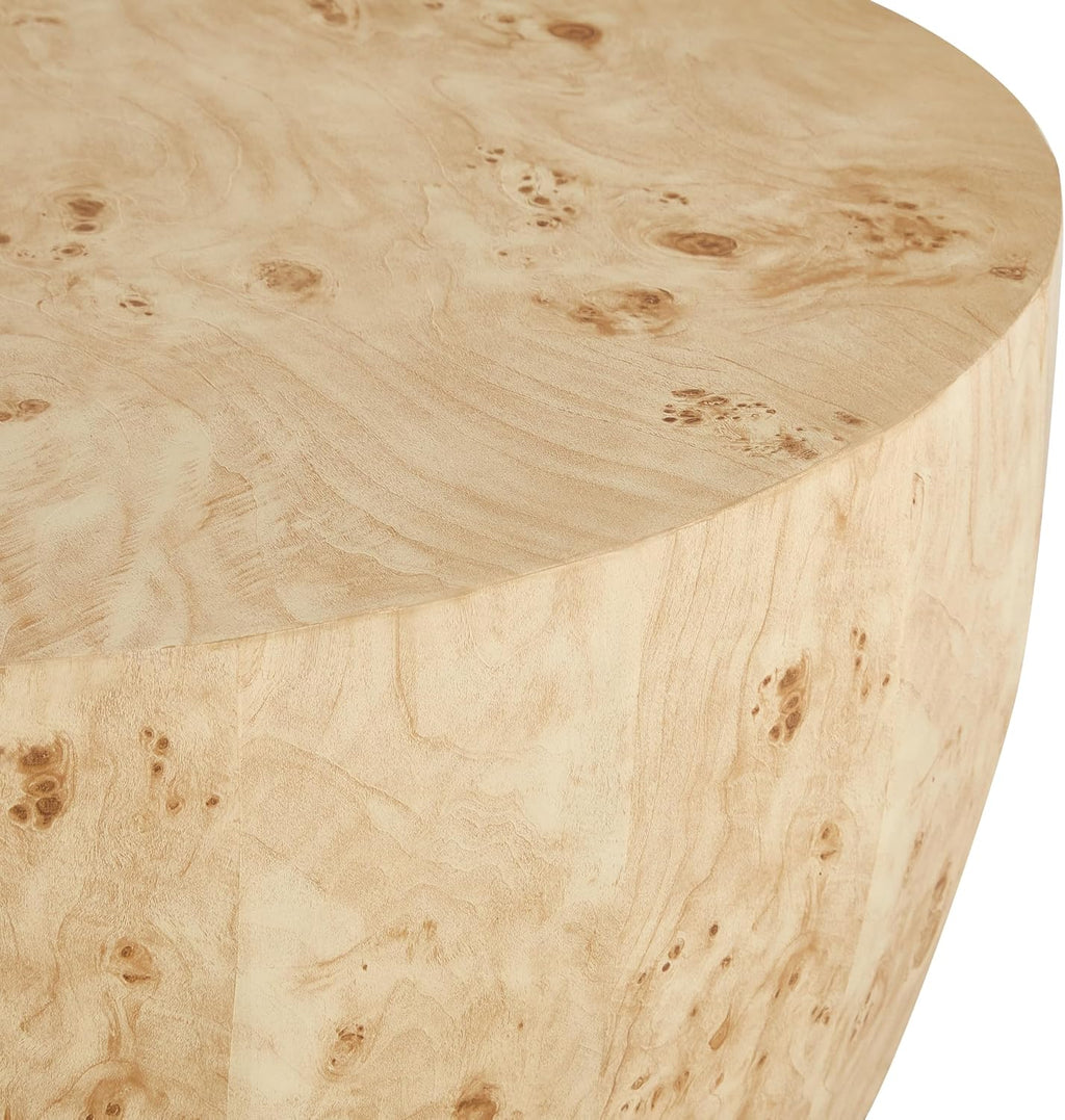 35' Rustic Drum Coffee Table for Living Room Round Center Table Modern Drum-Shape Wooden Cocktail Table for Home Office, Fully Assembled - Burl Wood Veneer Natural Color